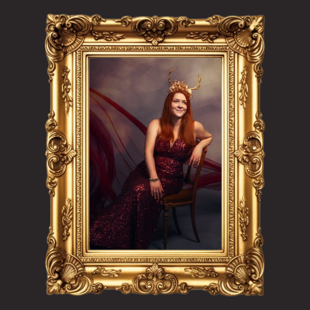 Lady in a sparkly red dress